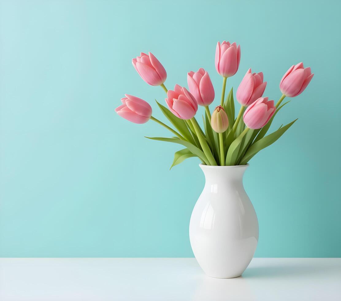 Pink Tulips in a White Vase Against a Teal Background photo