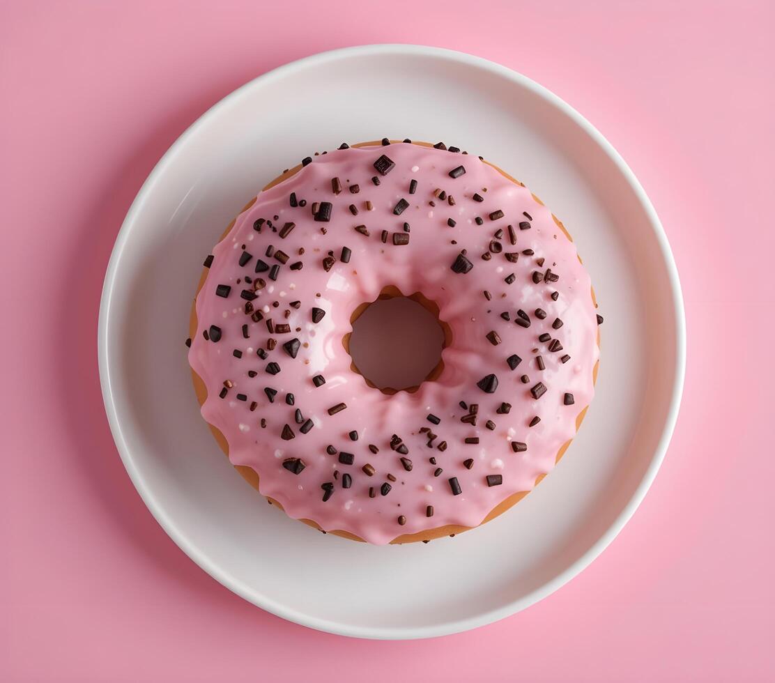 Delicious Pink Donut with Chocolate Sprinkles on White Plate photo