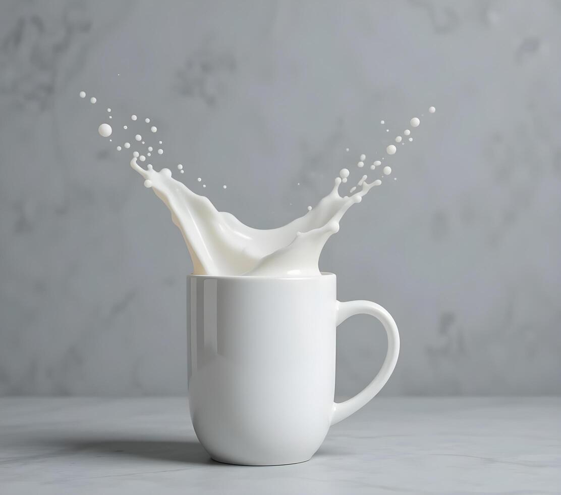 Milk Splashing Out of a White Mug on a Gray Surface photo