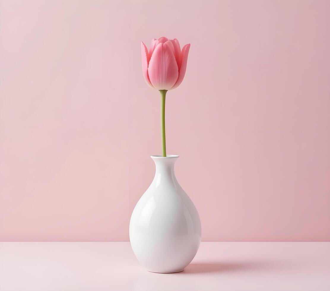 Delicate Pink Tulip in a White Vase Against a Soft Pink Background photo