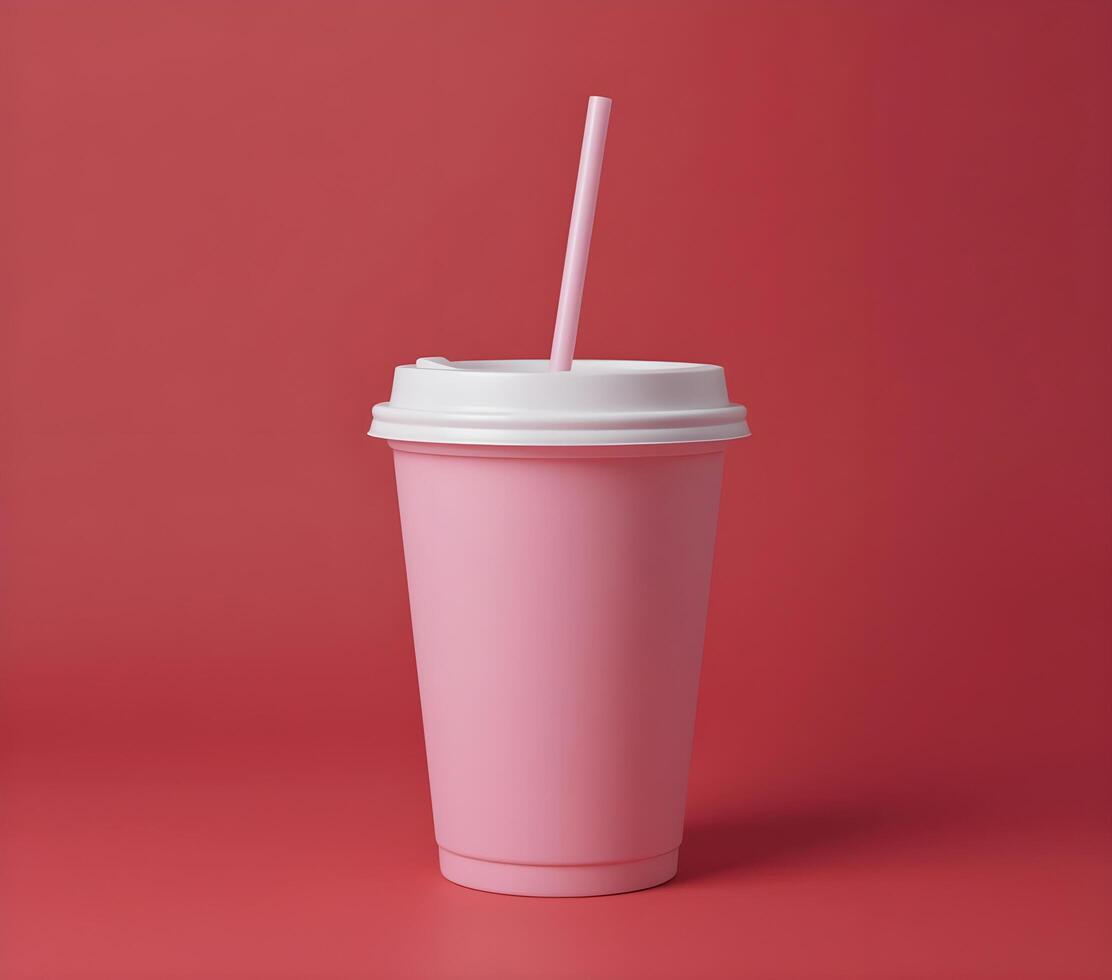 Pink Disposable Coffee Cup with Straw Against a Red Background photo