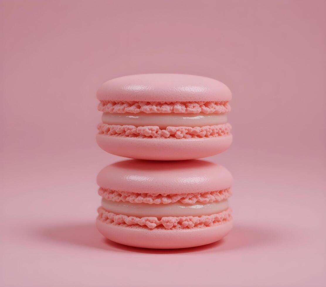 Delicate Pink Macarons Stacked Against a Soft Pink Background photo