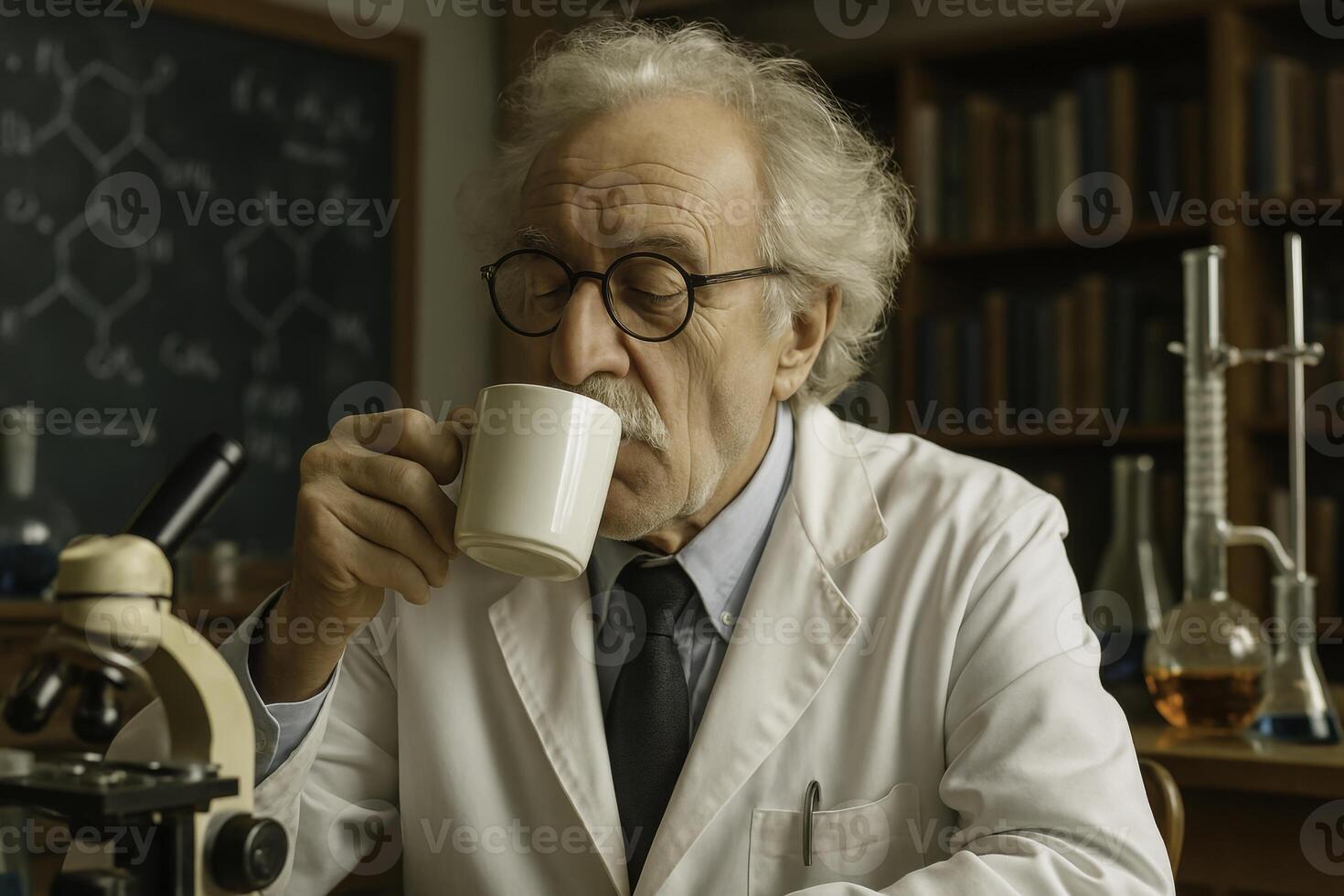 A scientist reflects thoughtfully over coffee in a cozy lab filled with equipment photo