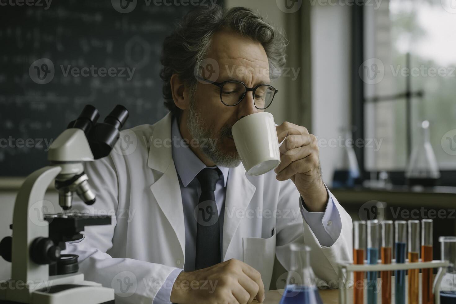 A dedicated scientist is in the laboratory savoring a welldeserved coffee break moment photo