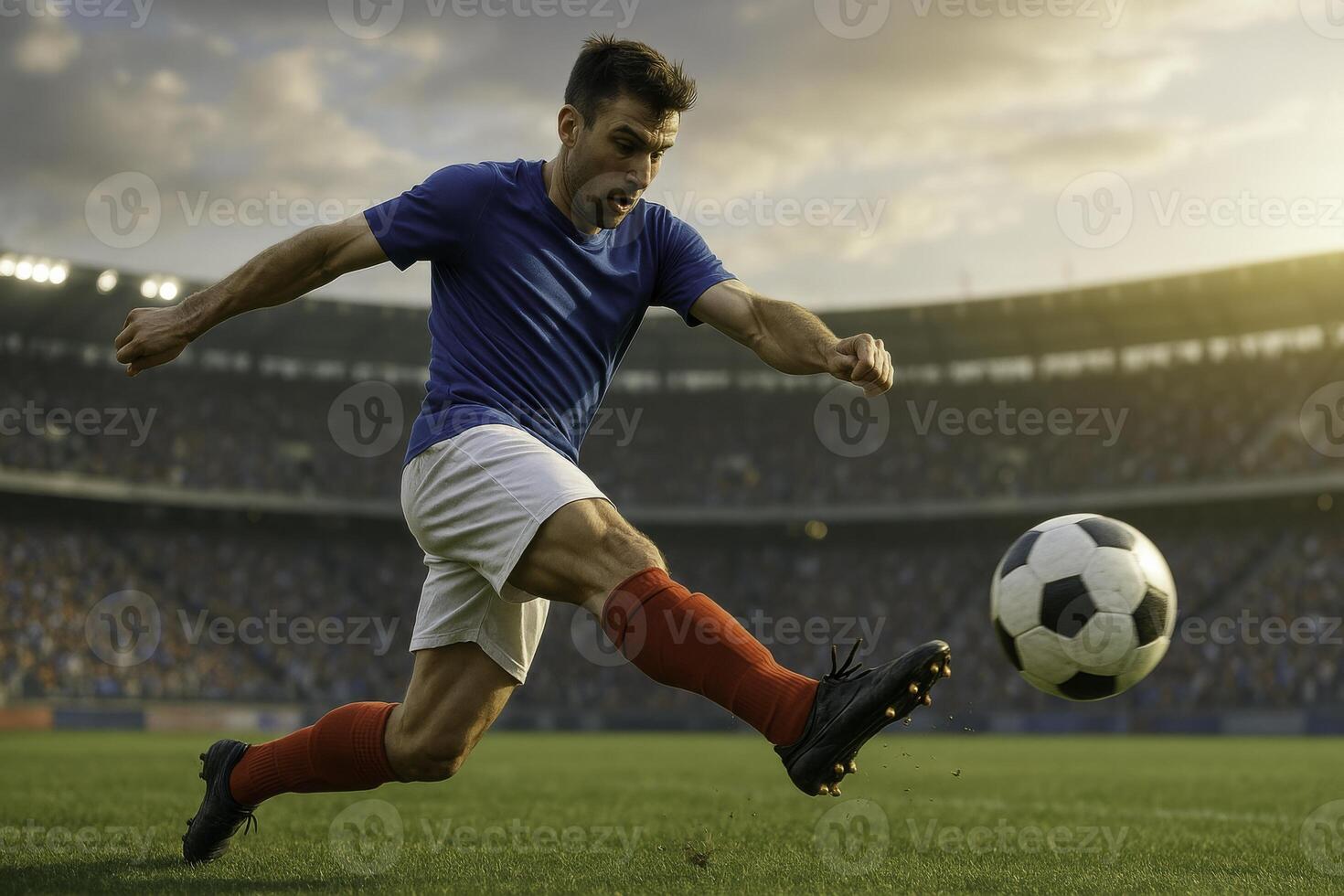 A Dynamic Soccer Player in Action at the Stadium, showcasing incredible skill and energy photo