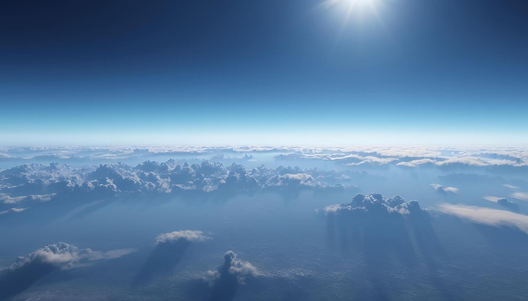 Flying Above Fluffy Clouds with Sunlight Streaming Through the Atmosphere photo