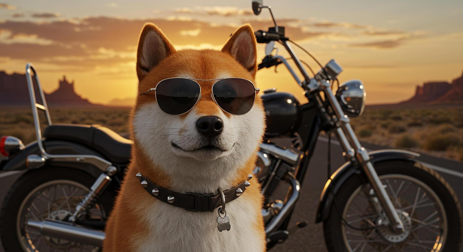 Dog Wearing Sunglasses Posing with a Motorcycle at Sunset Roadtrip photo