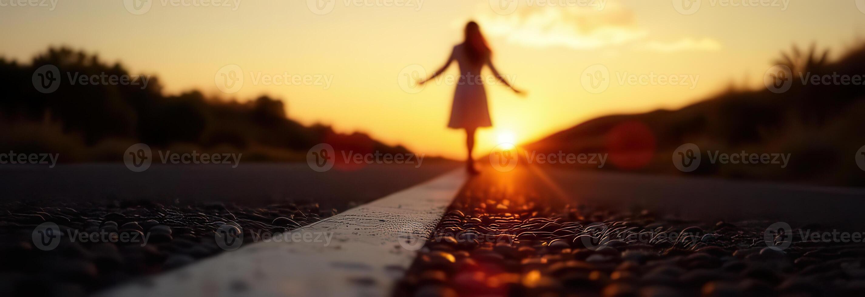 Woman walking on a road at sunset with arms outstretched, embracing freedom and nature, capturing the essence of adventure and exploration, joyful spirit concept photo