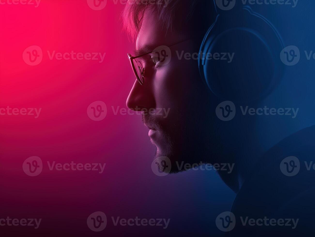 Young man wearing headphones in profile view with colorful lighting, immersed in music and sound, showcasing modern technology and lifestyle, creative expression concept photo