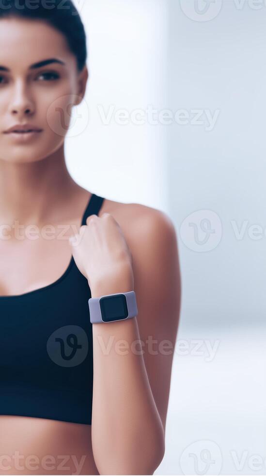 Fitness enthusiast wearing a smartwatch in a modern gym environment showcasing health and technology integration for a healthy lifestyle concept photo