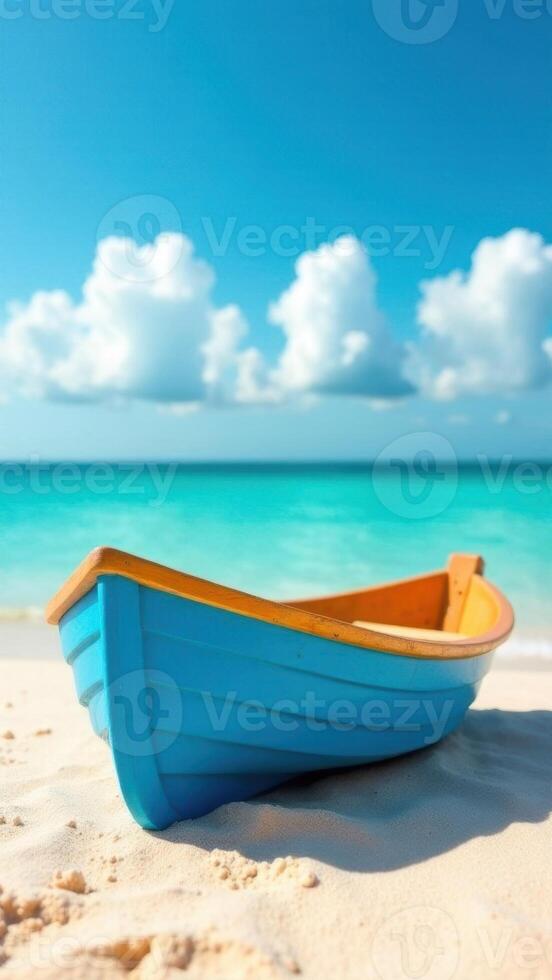 Colorful wooden boat on sandy beach with turquoise water and fluffy clouds in the sky, perfect for summer vacations and relaxation, beach lifestyle concept photo