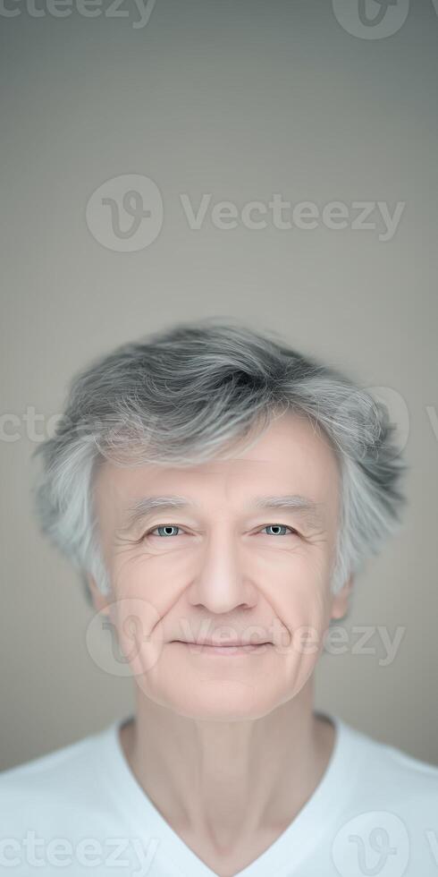 Mature man with gray hair smiling warmly at the camera, showcasing a friendly demeanor and confidence, representing aging gracefully concept photo