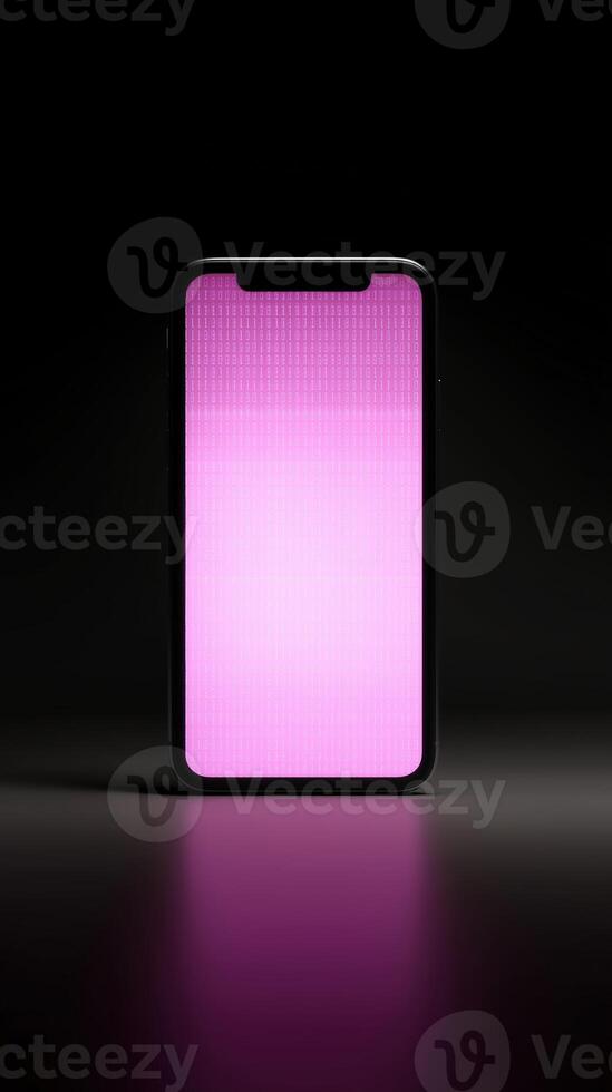 Modern smartphone with vibrant pink screen glowing in dark environment showcasing technology and innovation, digital communication concept photo
