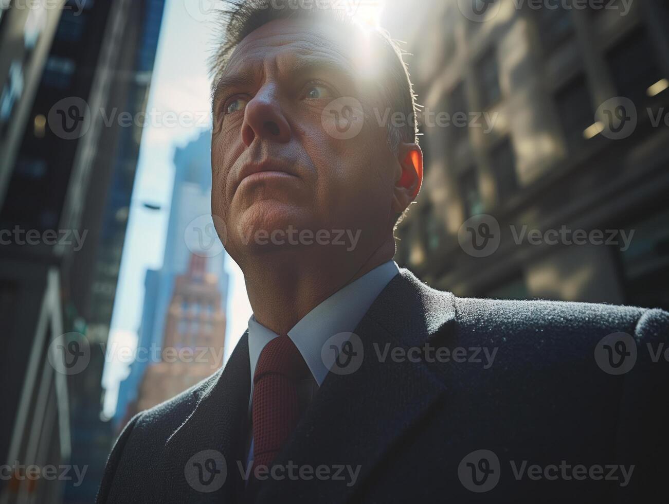 Confident businessman walking through urban street with sunlight illuminating his face showcasing determination and success in a professional environment concept photo
