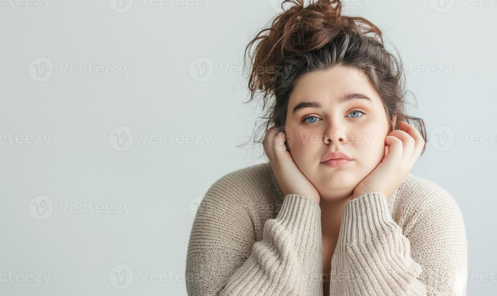 Young woman with tousled hair wearing a cozy sweater, looking contemplative against a light background, expressing emotions and thoughts, self-reflection concept photo
