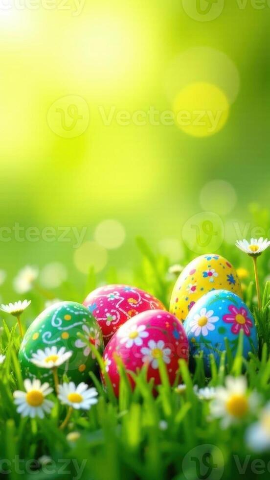 Colorful Easter eggs resting on vibrant green grass surrounded by delicate white daisies creating a cheerful spring atmosphere and celebrating the joyful holiday concept photo
