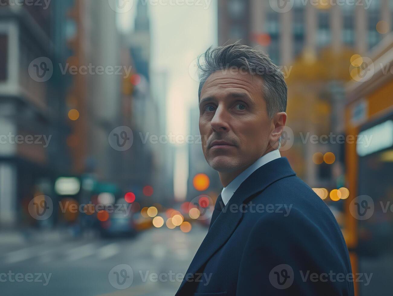 Urban businessman looking back on a busy street with skyscrapers in the background, showcasing city life and professional attire, modern lifestyle concept photo