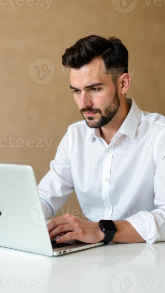Professional man working on laptop in modern office setting, focused on task at hand, showcasing productivity and concentration, remote work concept photo