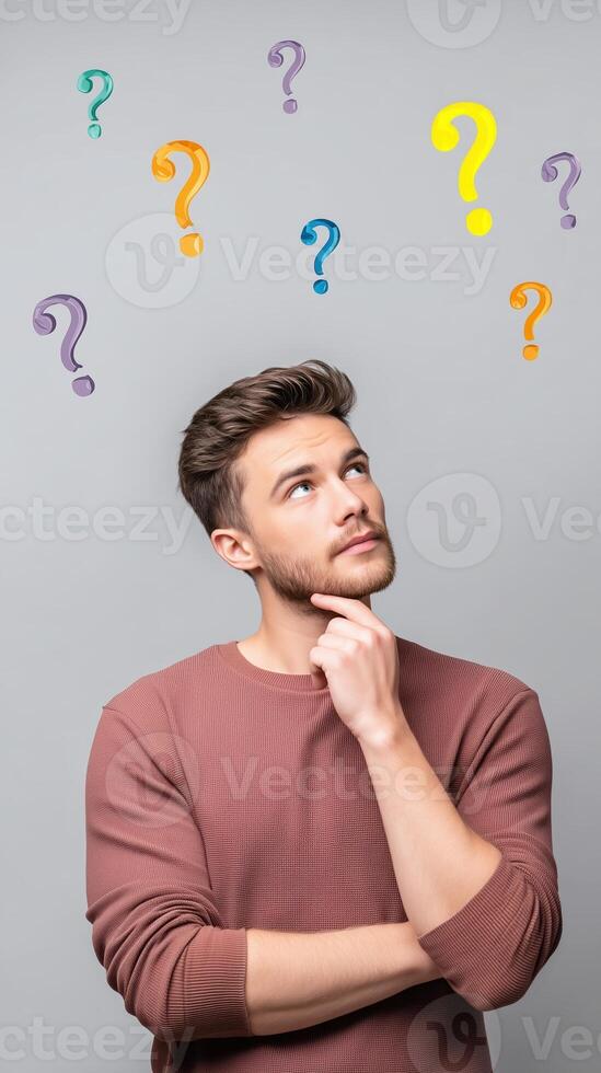 Young man pondering questions with colorful symbols above his head, deep in thought about life choices and decisions, curiosity and contemplation concept photo