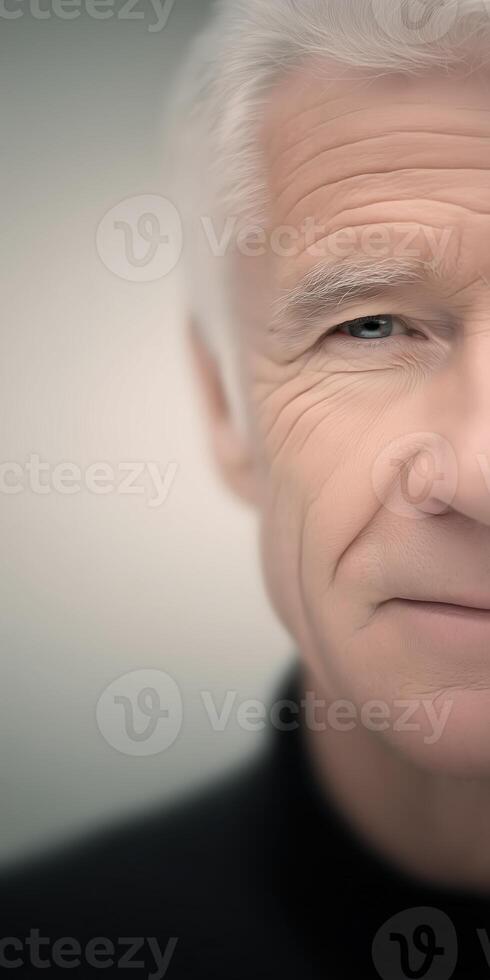 Mature man with silver hair and thoughtful expression, showcasing wisdom and experience, portrait photography, emotional depth, healthy aging concept photo