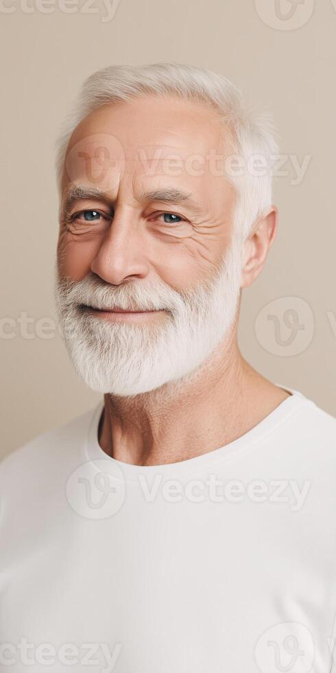 Mature man with gray beard smiling warmly, wearing a white shirt against a neutral background, showcasing confidence and wisdom, healthy lifestyle concept photo
