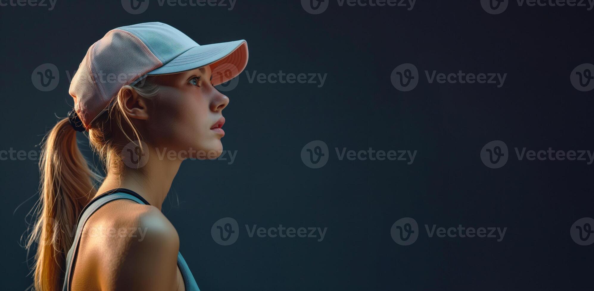 Athletic woman in a cap looking confidently to the side with a focused expression, showcasing determination and strength in sports, fitness lifestyle concept photo