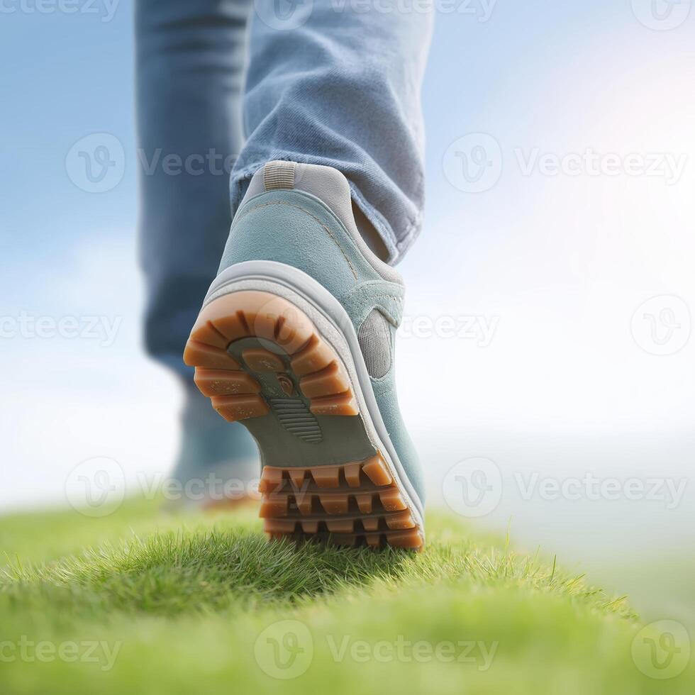 Walking on fresh green grass in stylish sneakers with a clear blue sky above, showcasing a modern lifestyle and outdoor activity concept photo