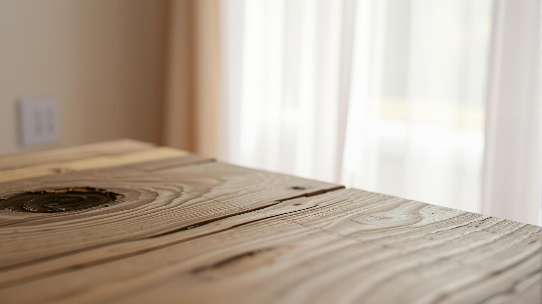 Wooden Table Surface with Visible Grain and Indoor Window Backdrop photo