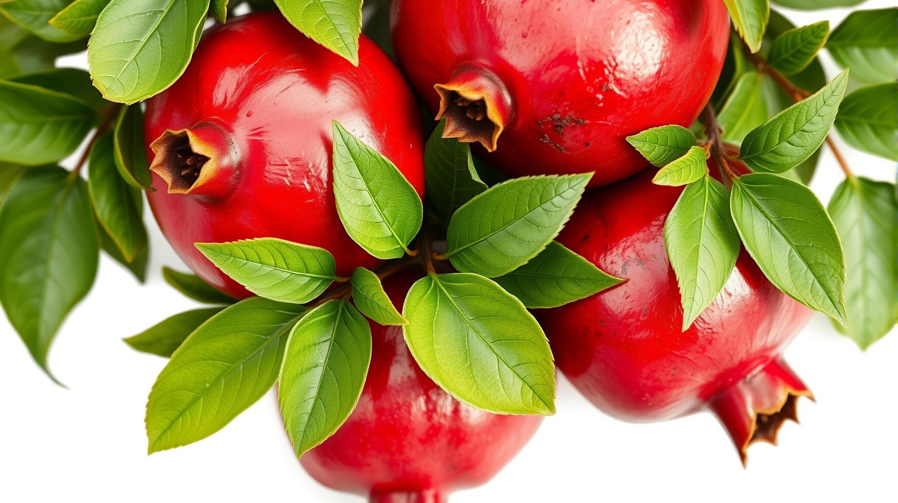 Fresh Pomegranates with Green Leaves Closeup on White Background photo