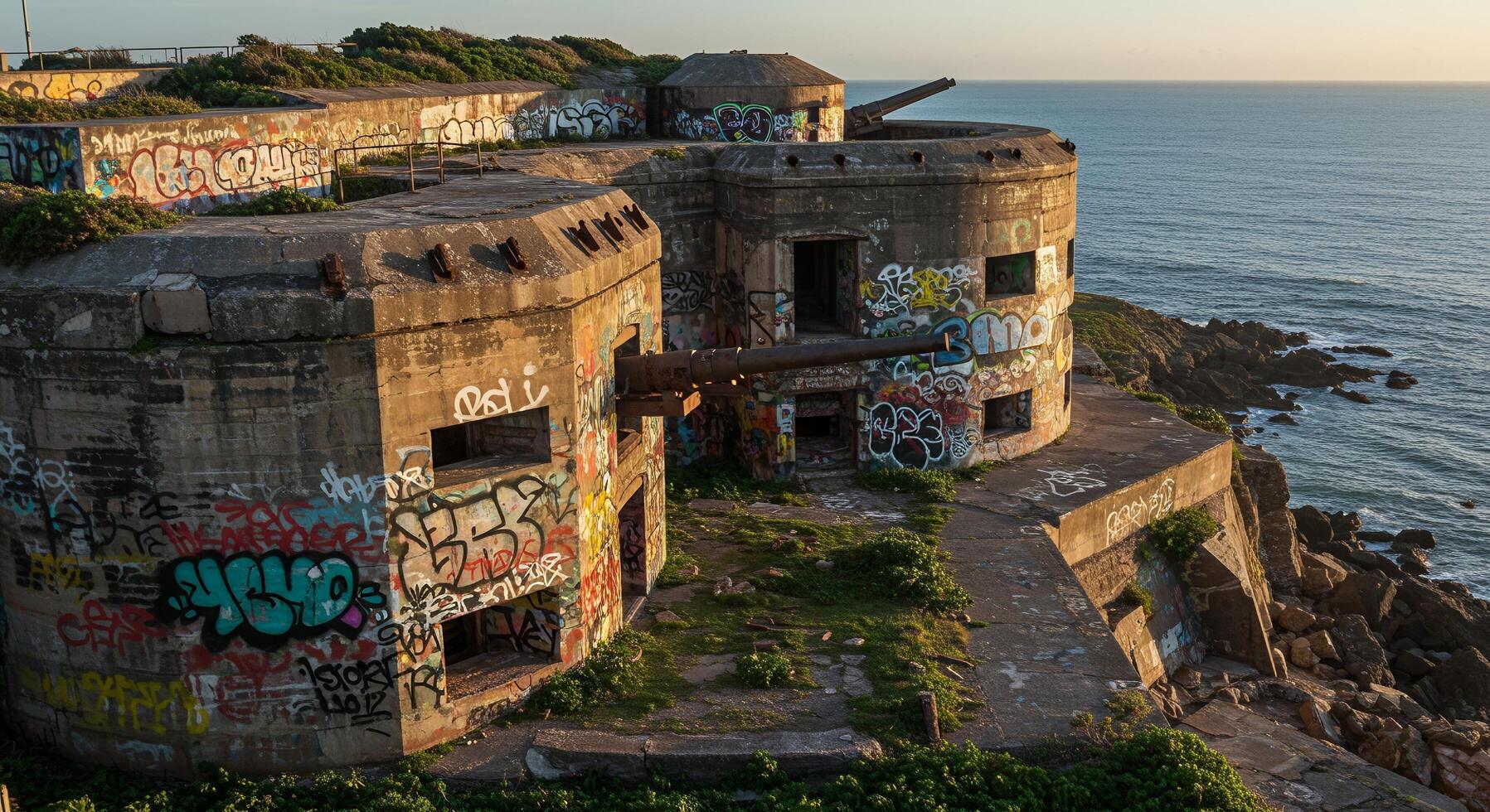 Exploring Abandoned Coastal Fort with Graffiti Overlooking the Ocean Vista photo