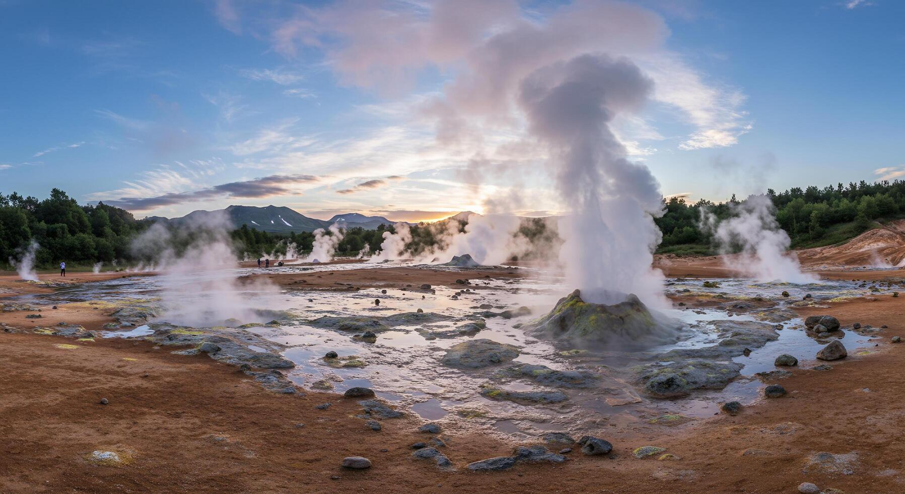 Geothermal Area with Steam Rising Landscape at Sunrise or Sunset photo