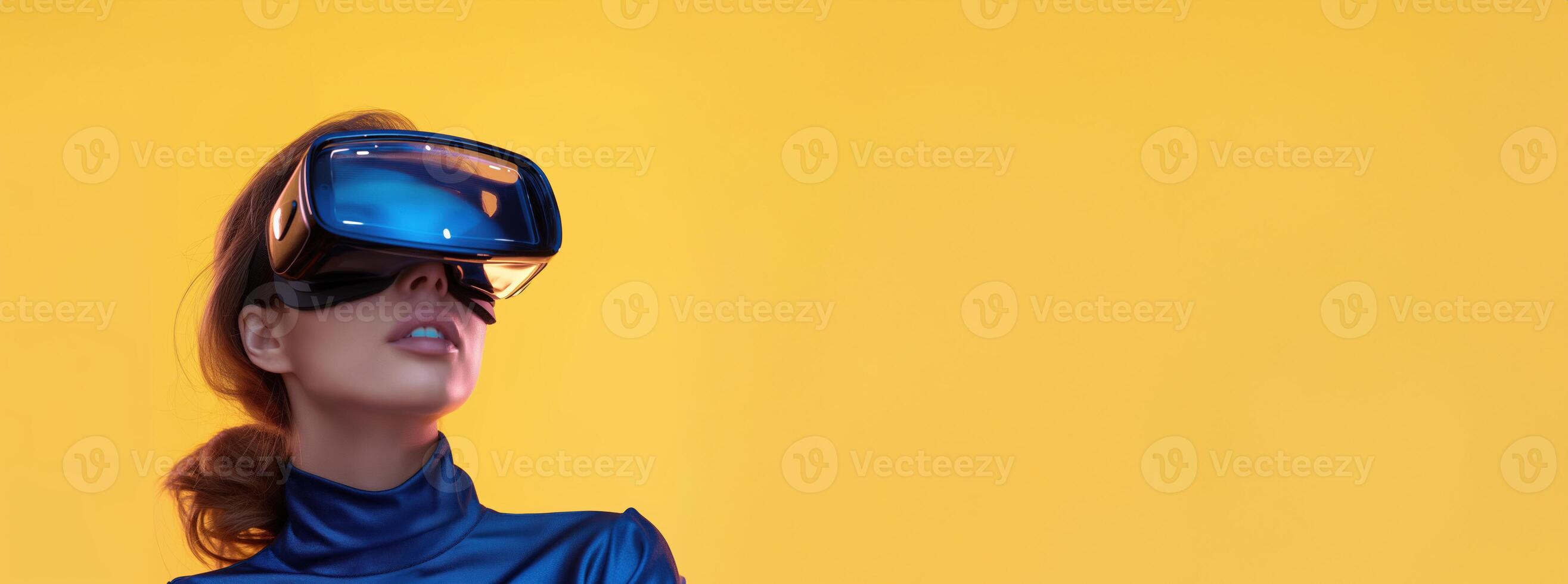 Futuristic woman wearing virtual reality headset against vibrant yellow background showcasing technology innovation and modern lifestyle concept photo