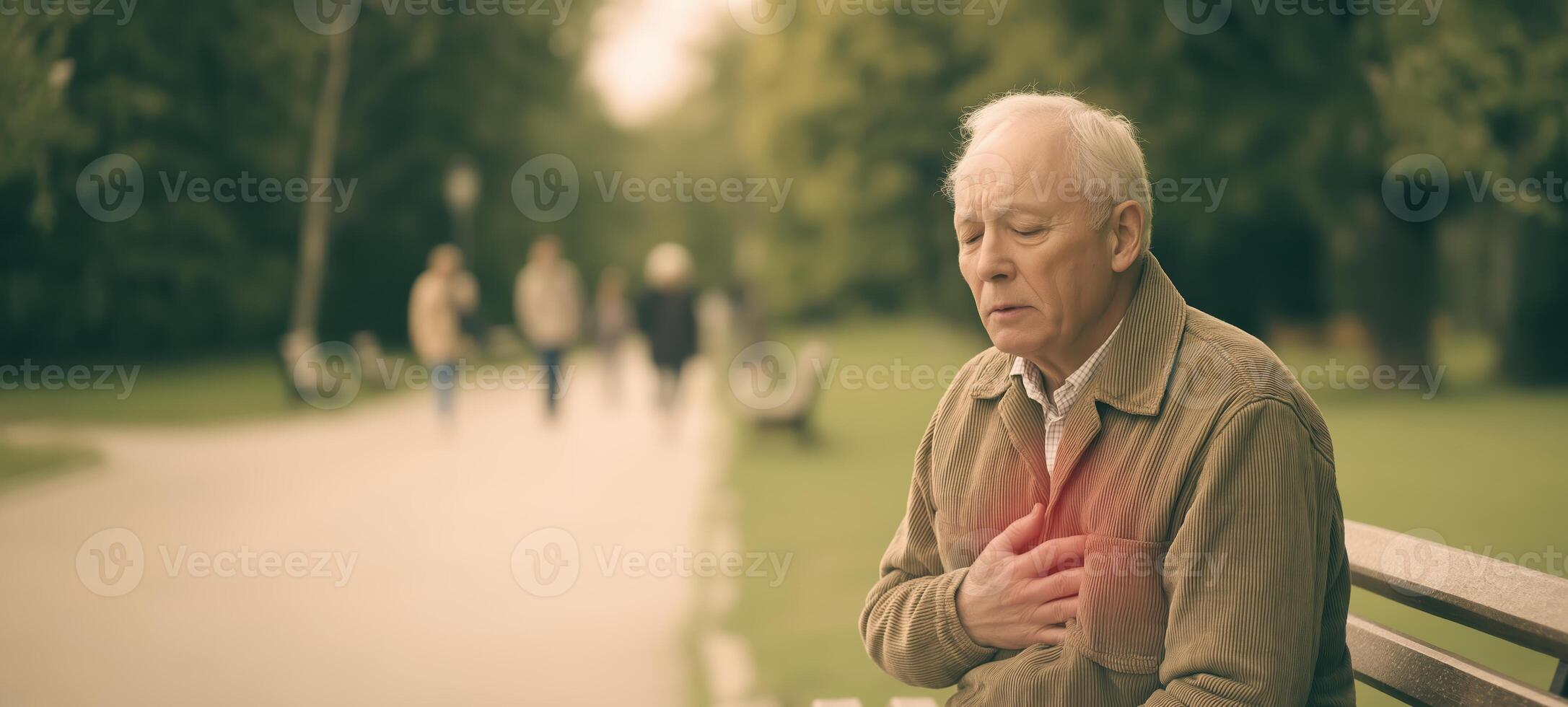 Elderly man experiencing chest pain while sitting on a park bench, surrounded by people walking, highlighting the importance of heart health awareness concept photo