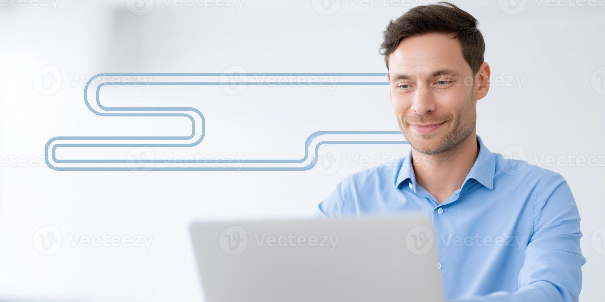 Professional man working on laptop in modern office with abstract lines in background representing technology and innovation concept photo