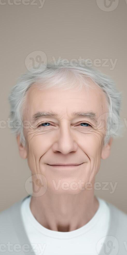 Senior man with gray hair smiling warmly at the camera, showcasing a friendly demeanor and positive attitude, representing the concept of aging gracefully and happiness concept photo