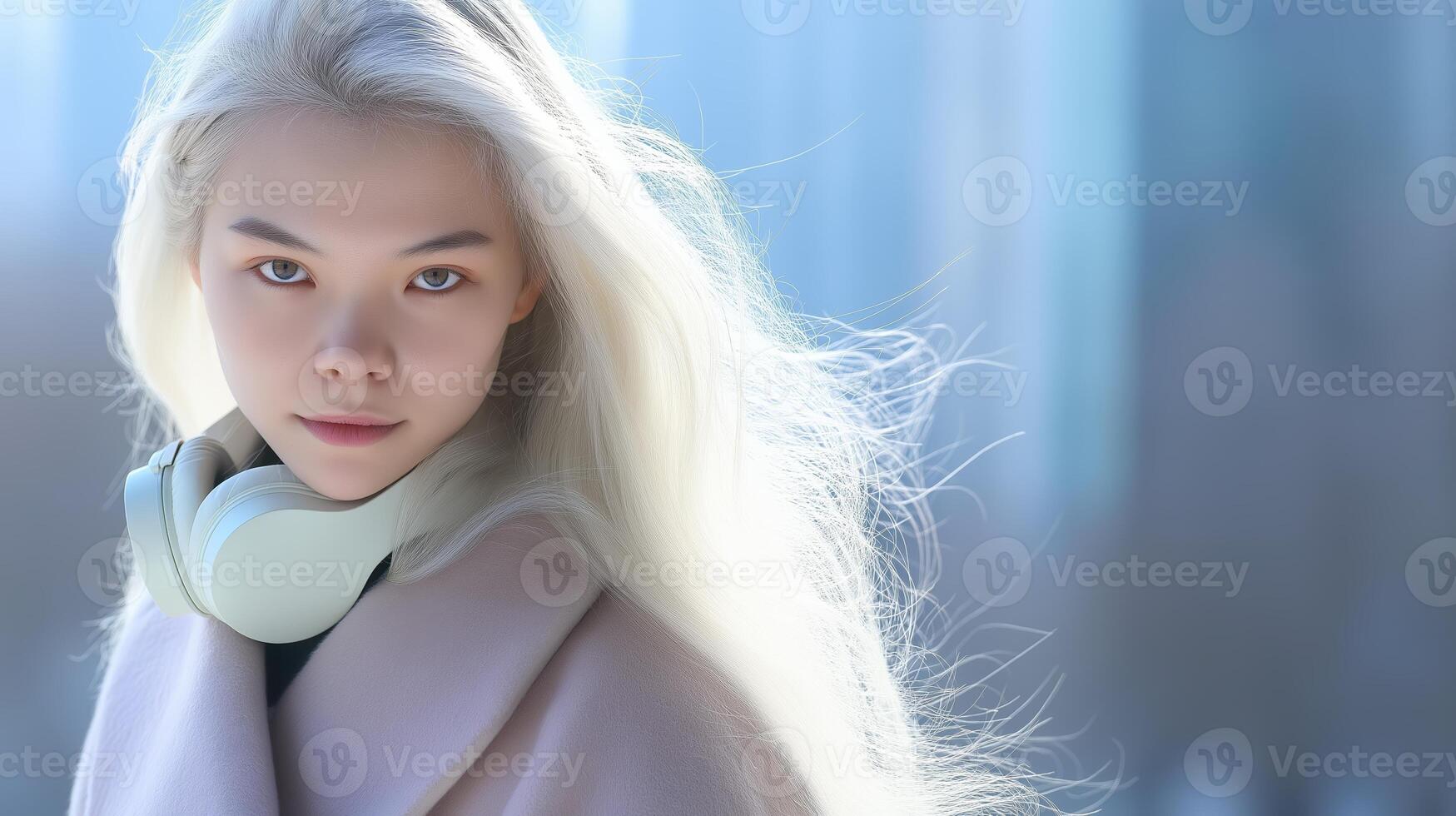 Young woman with long white hair wearing a scarf in a winter setting, showcasing beauty and elegance, winter fashion concept photo