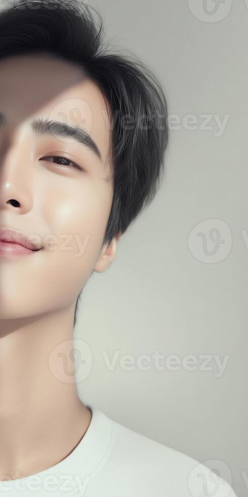 Young man smiling softly with natural light illuminating his face, showcasing a calm expression and healthy skin, beauty portrait concept photo