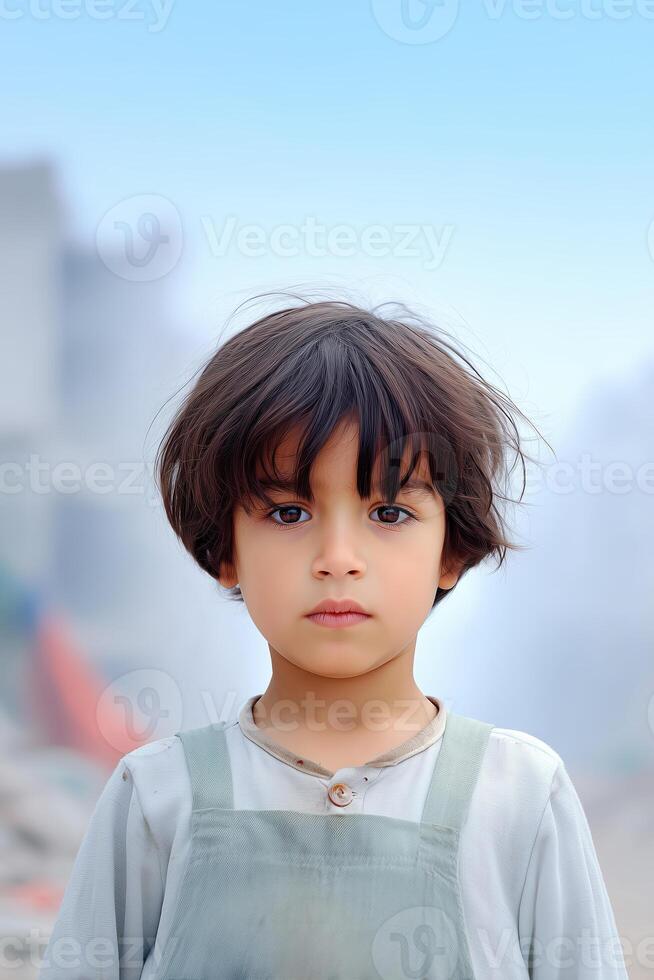 Young child with short hair standing in a desolate environment, showcasing resilience and hope amidst adversity, childhood innocence concept photo