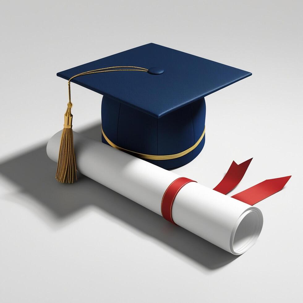 a graduation cap and diploma roll on a white background photo