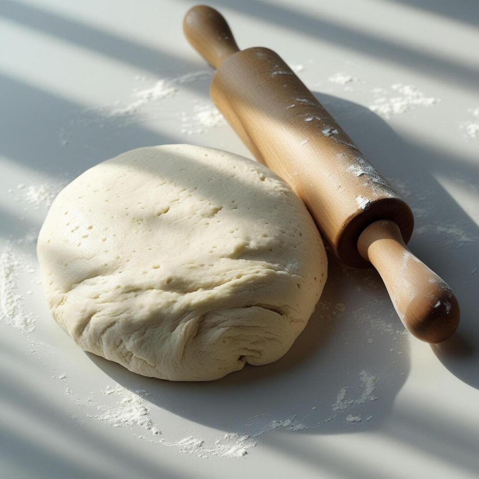 a dough ball and rolling pin on a table photo