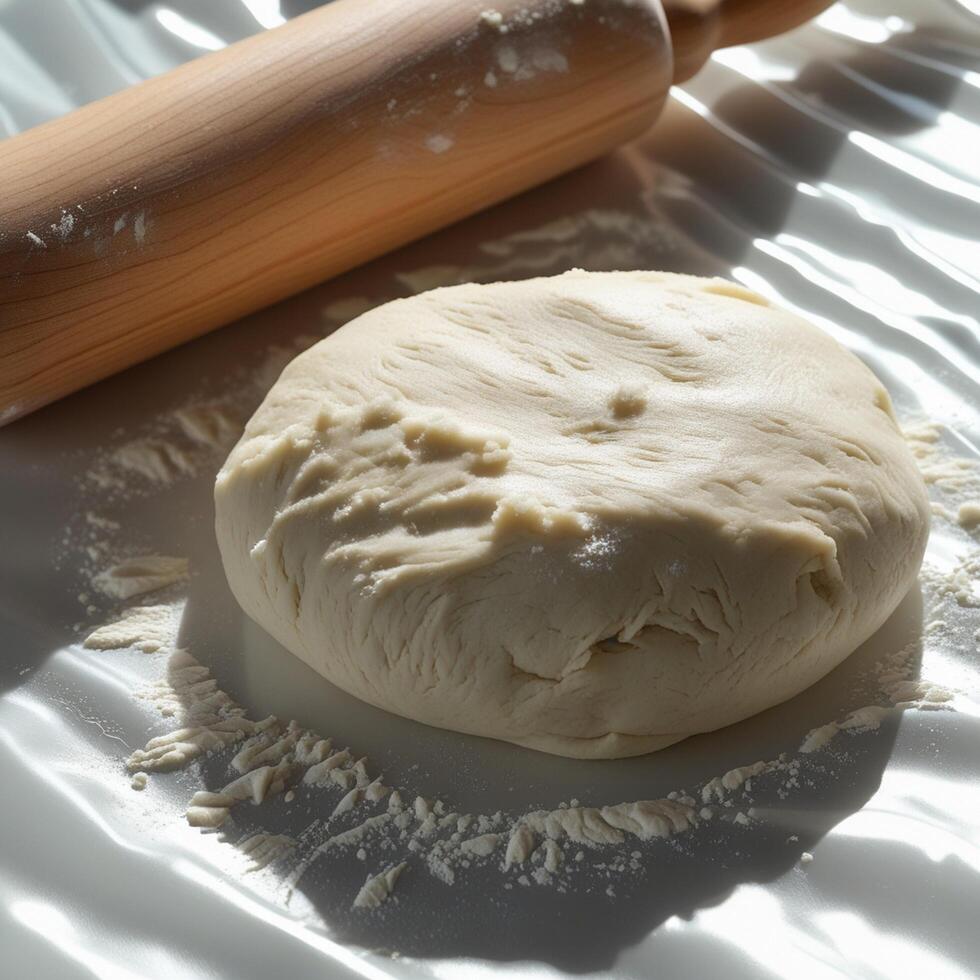 a dough ball sits on a table next to a rolling pin photo