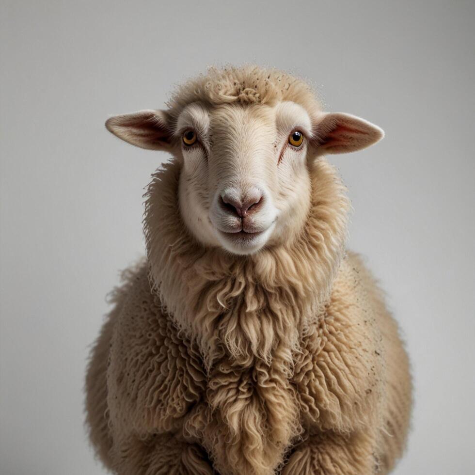 a sheep is standing in front of a white background photo