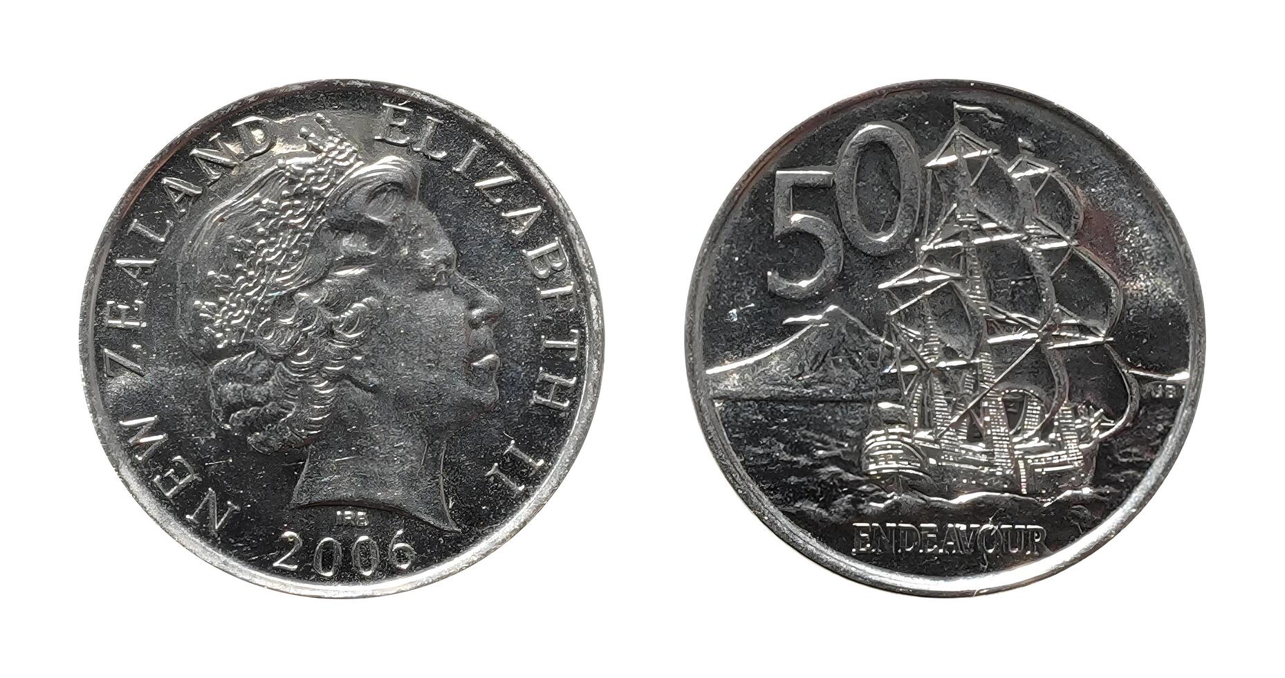 Fifty Cents 2006, Coin from New Zealand, the coin shows the crowned bust of Queen Elizabeth II, facing right and the barque Endeavour sailing ship Captain Cook, It's made of Nickel-plated steel photo