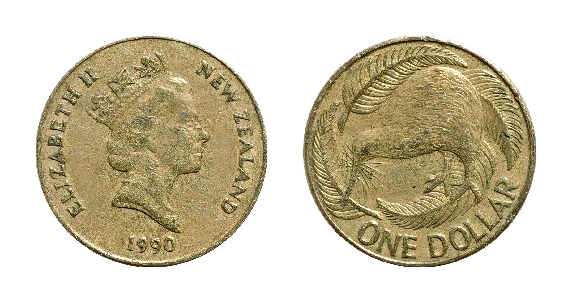 One Dollar 1990, Coin from New Zealand, the coin shows the crowned bust of Queen Elizabeth II, facing right and a kiwi facing left in the centre, It's made of Aluminium Bronze, two sides of the coin. photo