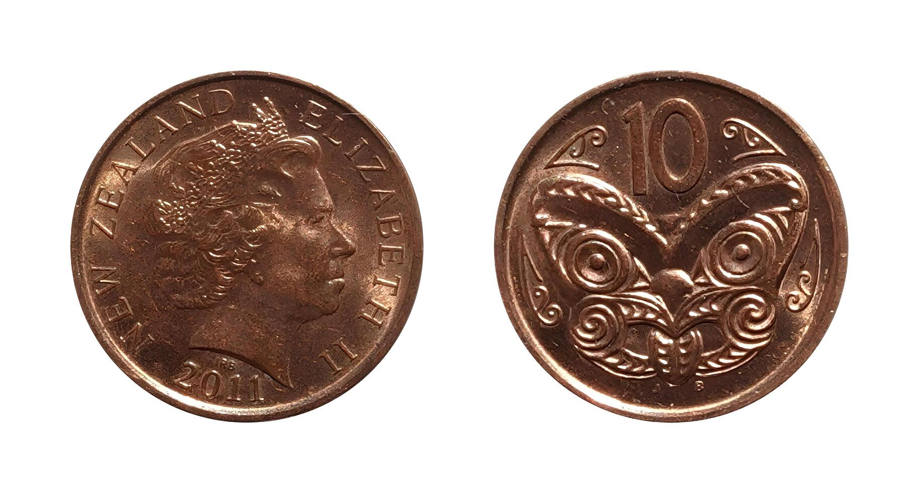 Ten Cents 2011, Coin from New Zealand, the coin shows the crowned bust of Queen Elizabeth II, facing right and a Maori carved head, It's made of Copper-plated steel, two sides of the coin. photo