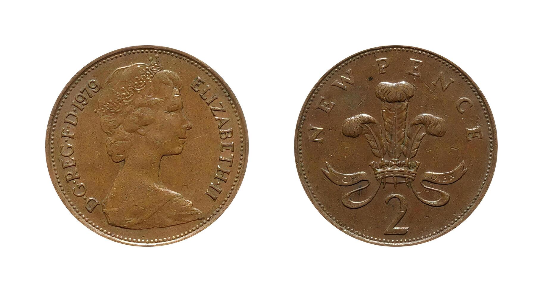 Two new pence 1979, Coin from United Kingdom, the coin shows the crowned bust of Queen Elizabeth II D G REG F D, facing right and the Badge of the Prince of Wales, It's made of Bronze photo