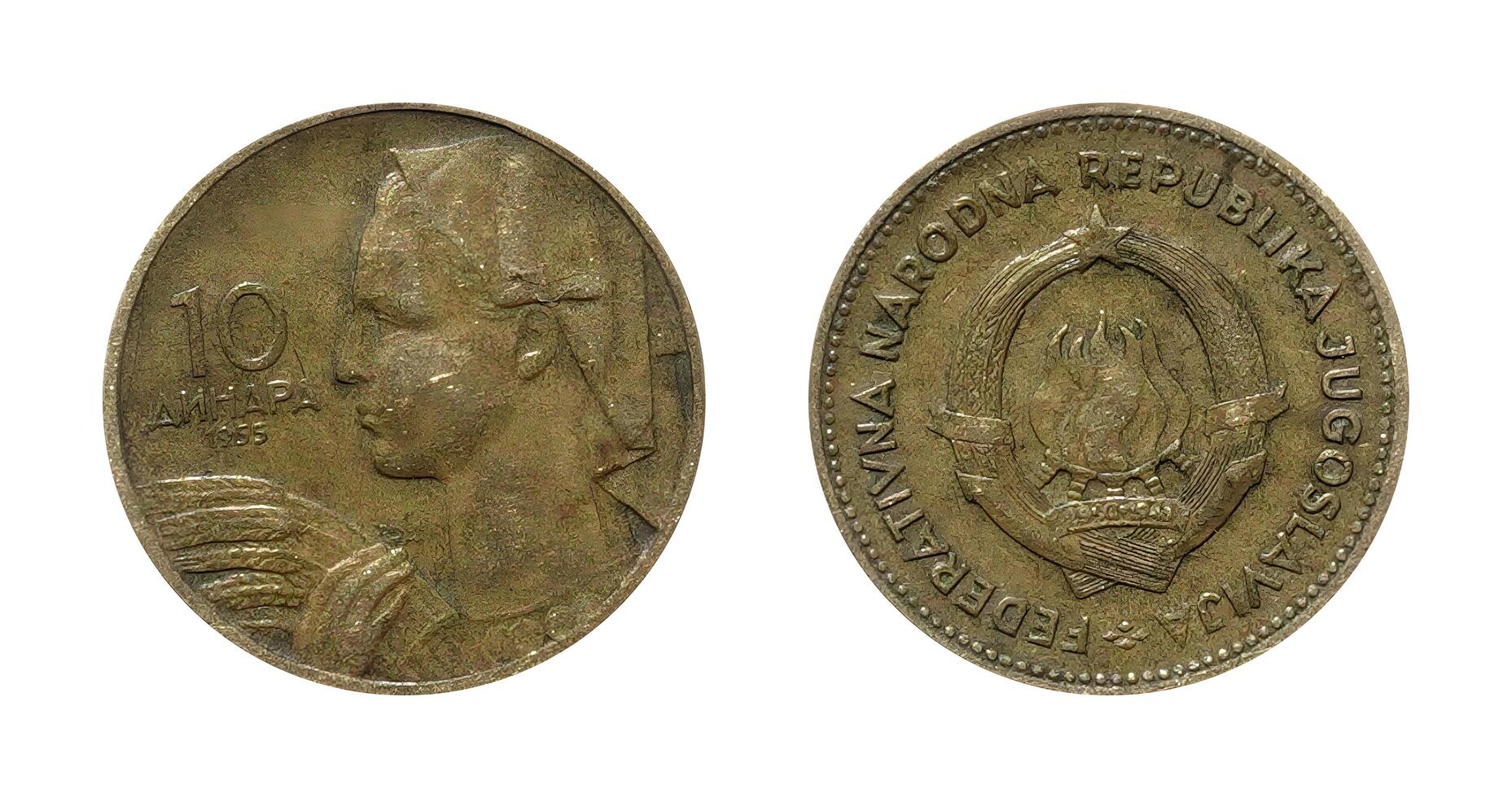 Ten Dinara 1955, Coin from Yugoslavia, the coin shows coat of arms Former name of the country and Woman holding a sheaf of wheat, It's made of Aluminium bronze, two sides of the coin photo