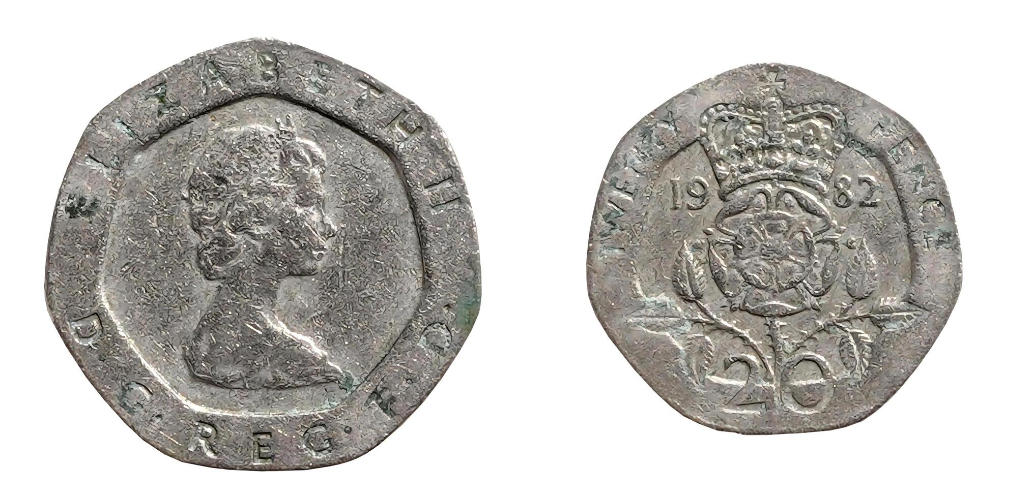 Twenty pence 1982, Coin from United Kingdom, the coin shows the crowned bust of Queen Elizabeth II D G REG F D, facing right and Crowned Tudor rose dividing date, It's made of Copper-nickel photo