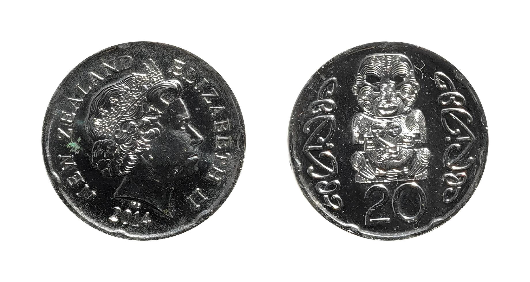 Twenty Cents 2014, Coin from New Zealand, the coin shows the crowned bust of Queen Elizabeth II, facing right and remarkable Maori carving, It's made of Nickel plated steel, two sides of the coin photo