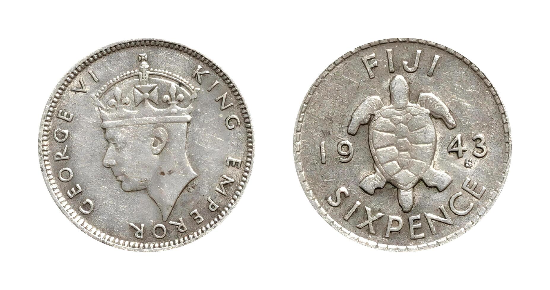 Six Pence 1943, Coin from Fiji, Crowned head of the King GEORGE VI facing left and sea turtle in the centre, It's made of Silver, two sides of the coin photo